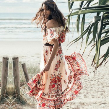 New bohemian print one-shoulder fringed short-sleeved dress long skirt