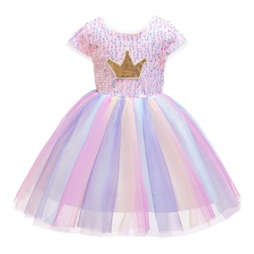 Girls dress spring and summer new children's dress skirt girls children's clothing rainbow mesh skirt crown sequin princess dress