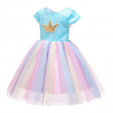 Girls dress spring and summer new children's dress skirt girls children's clothing rainbow mesh skirt crown sequin princess dress