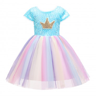 Girls dress spring and summer new children's dress skirt girls children's clothing rainbow mesh skirt crown sequin princess dress