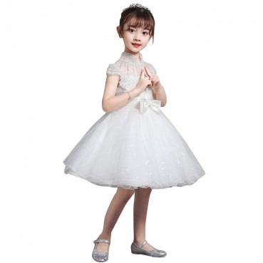 Girls dress skirt white beaded children's dress small host performance flower girl piano catwalk costume summer