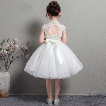Girls dress skirt white beaded children's dress small host performance flower girl piano catwalk costume summer
