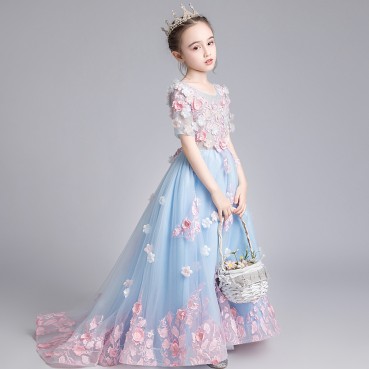 Children's dress girls fluffy yarn tail catwalk host piano performance clothes fashion western flower girl princess dress