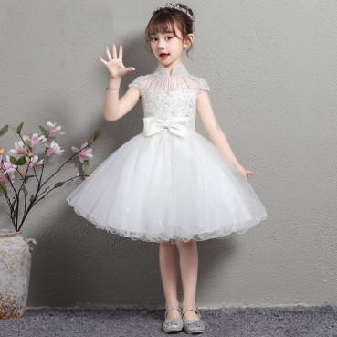 Girls dress skirt white beaded children's dress small host performance flower girl piano catwalk costume summer