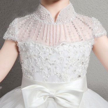 Girls dress skirt white beaded children's dress small host performance flower girl piano catwalk costume summer