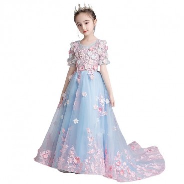 Children's dress girls fluffy yarn tail catwalk host piano performance clothes fashion western flower girl princess dress