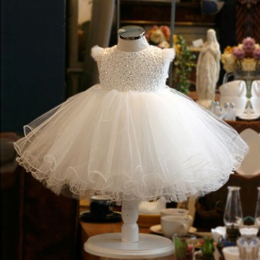 Children's dress dress fashion white sequined princess dress fluffy yarn baby's first birthday host dress