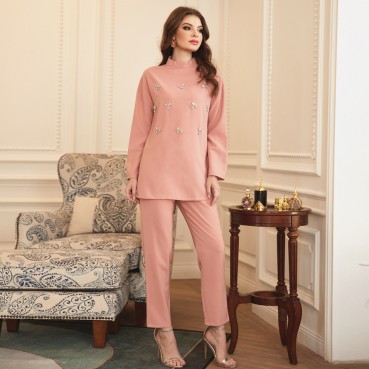Pink handmade nail diamond suit Muslim Pakistani clothing Women's clothing Tops Pants Southeast Asian women's clothing