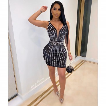 Summer pearl hot drill V-neck sexy tight dress women's factory direct sales