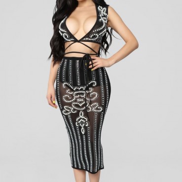 New women's sequins nails pearl V-collar ladies dress