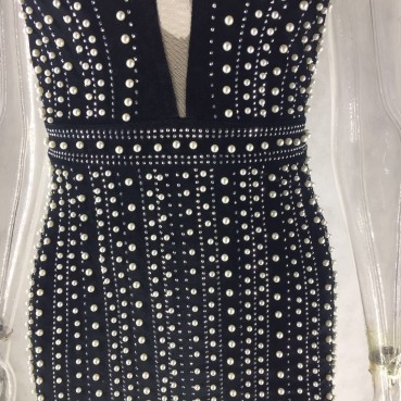 Summer pearl hot drill V-neck sexy tight dress women's factory direct sales