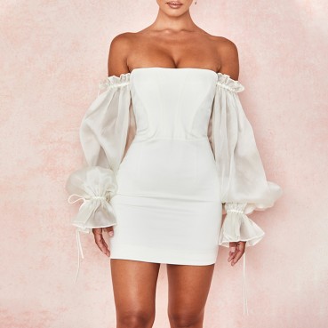 2021 word shoulder fluffy dress women's autumn new style photo leader wild lantern sleeve tube top dress autumn and winter