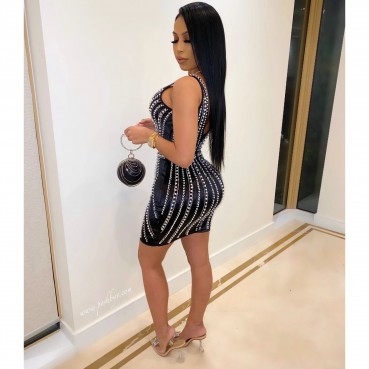 Summer pearl hot drill V-neck sexy tight dress women's factory direct sales