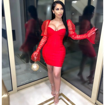 Summer 2021 women's sexy inhale chest splicing mesh sleeves night shop style slim dress female