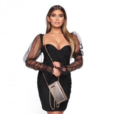 Summer 2021 women's sexy inhale chest splicing mesh sleeves night shop style slim dress female