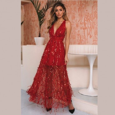 New European beauty women's sexy V collar slings with backflow Suqiao film nightclub women dress