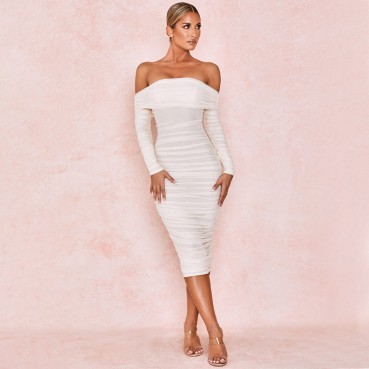 2021 new women's European and American solid color sexy Strong partial long-sleeved one-shoulder pleated first spring dress
