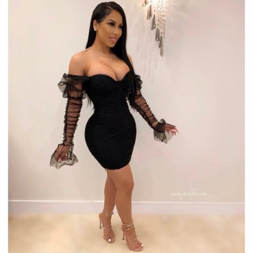 Summer 2021 women's sexy inhale chest splicing mesh sleeves night shop style slim dress female