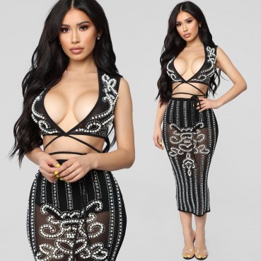 New women's sequins nails pearl V-collar ladies dress
