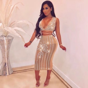 New women's sequins nails pearl V-collar ladies dress
