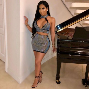 2021 Europe and the United States new women's hanging neck back diamonds night dress sexy night shop mini dress