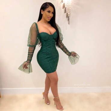 Summer 2021 women's sexy inhale chest splicing mesh sleeves night shop style slim dress female