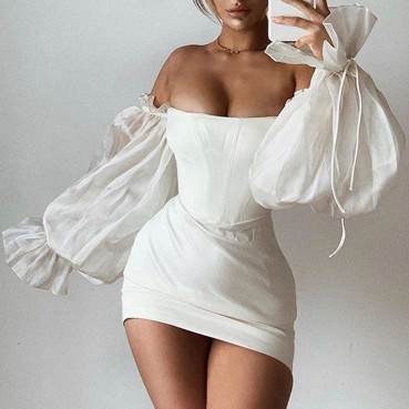 2021 word shoulder fluffy dress women's autumn new style photo leader wild lantern sleeve tube top dress autumn and winter