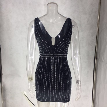 Summer pearl hot drill V-neck sexy tight dress women's factory direct sales