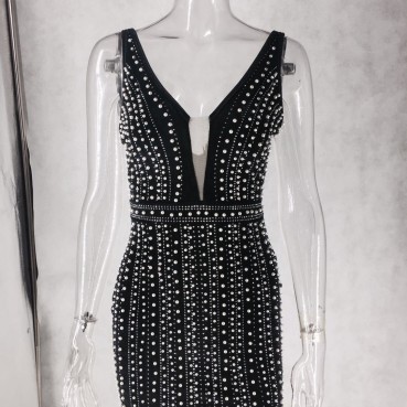 Summer pearl hot drill V-neck sexy tight dress women's factory direct sales