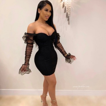 Summer 2021 women's sexy inhale chest splicing mesh sleeves night shop style slim dress female
