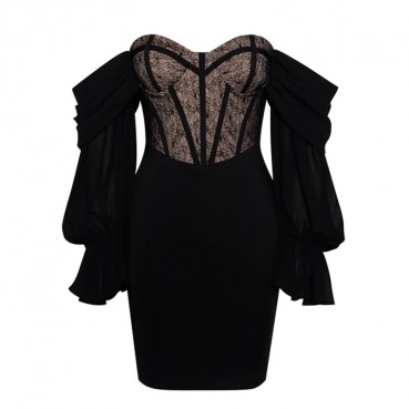 2021 spring and summer new European beauty women's sexy lace revealed double lantern sleeve short skirt one-word shoulder dress female