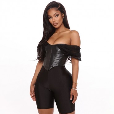 European and American women's new summer sexy mesh sleeves pu defensive short-sleeved top