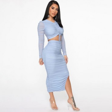 Women's autumn new hot mesh rope shrink two-piece dress suit