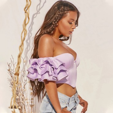 Summer new women's INS sexy pleat wrinkled leaf sleeve one shoulder blouse