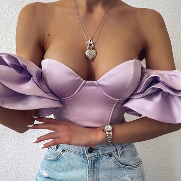 Summer new women's INS sexy pleat wrinkled leaf sleeve one shoulder blouse