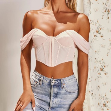 Women's hot-selling shoulder net yarn solid color sexy wrapped chest rifle short top female