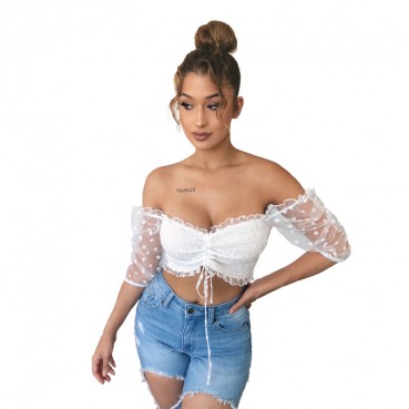 Summer new women's fashion sexy mesh wave point shoulder wrapped chest revealing umbilica short top