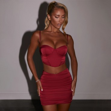 European beauty women's autumn two-piece sexy satin fish bone short set dress female summer