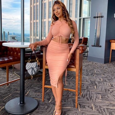 Women's autumn new hot mesh rope shrink two-piece dress suit