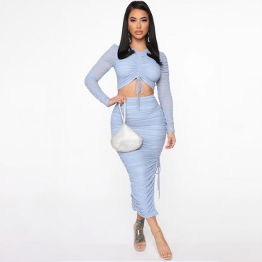 Women's autumn new hot mesh rope shrink two-piece dress suit