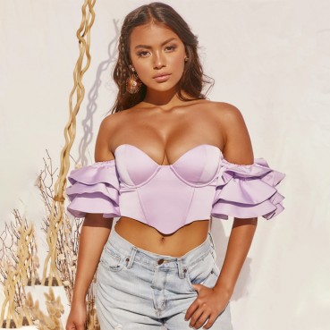 Summer new women's INS sexy pleat wrinkled leaf sleeve one shoulder blouse