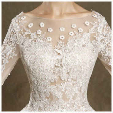 New long-sleeved lace mesh small trailing wedding decorative European and American round collar embroidery flower perspective white wedding dress