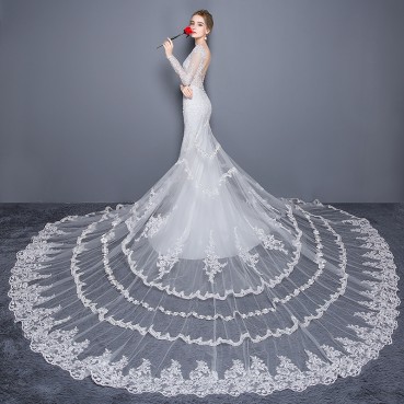 Wedding dress 2021 new long sleeve V-colored fish tail tail dress custom slim slim fashion large size lace wedding dress