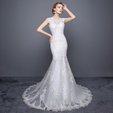 Wedding dress 2021 new shoulder drill V-neck sexy fish tail dress large size tail lace European and American bridal wedding dress