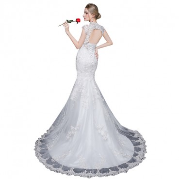 Wedding dress 2021 new shoulder drill V-neck sexy fish tail dress large size tail lace European and American bridal wedding dress