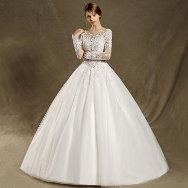 New long-sleeved lace mesh small trailing wedding decorative European and American round collar embroidery flower perspective white wedding dress