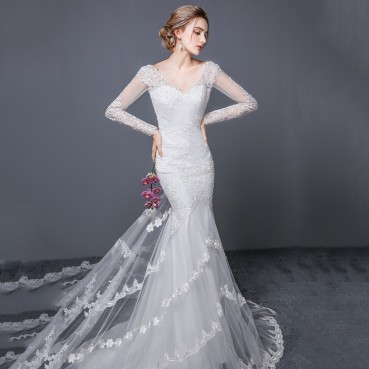 Wedding dress 2021 new long sleeve V-colored fish tail tail dress custom slim slim fashion large size lace wedding dress