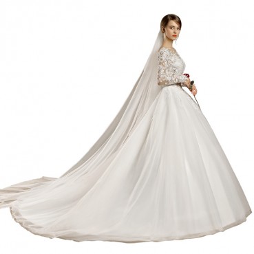 New long-sleeved lace mesh small trailing wedding decorative European and American round collar embroidery flower perspective white wedding dress