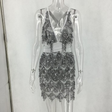 New spot European and American nightclub sexy ladies revealed sequins women's dresses six colors
