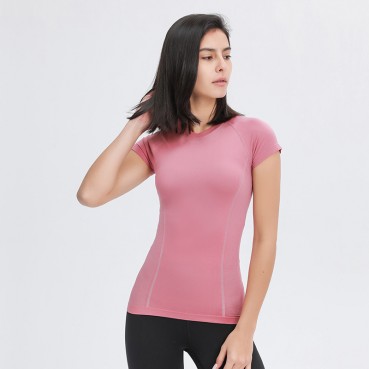 2021 spring and summer new round collar Slim solid color yoga short-sleeved female elastic quick dry fashion sports casual yoga